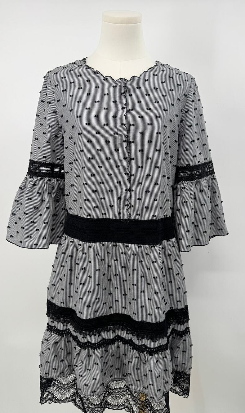 Kobi Halperin Joan Dress Black Stripe Lace Clip Dot Ruffle Shirtdress S